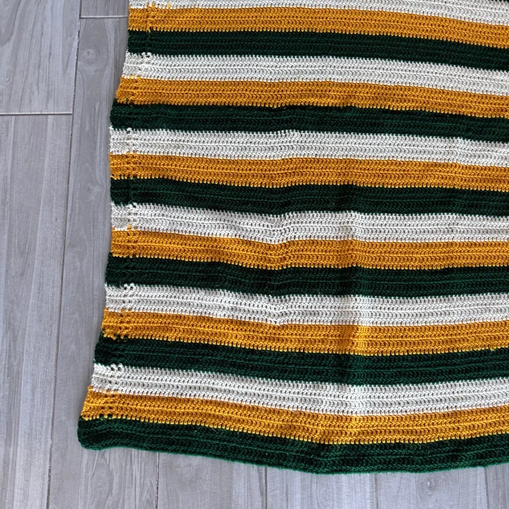 Handmade Crochet Blanket Throw Unisex 64x40 Green Yellow White Striped Packers